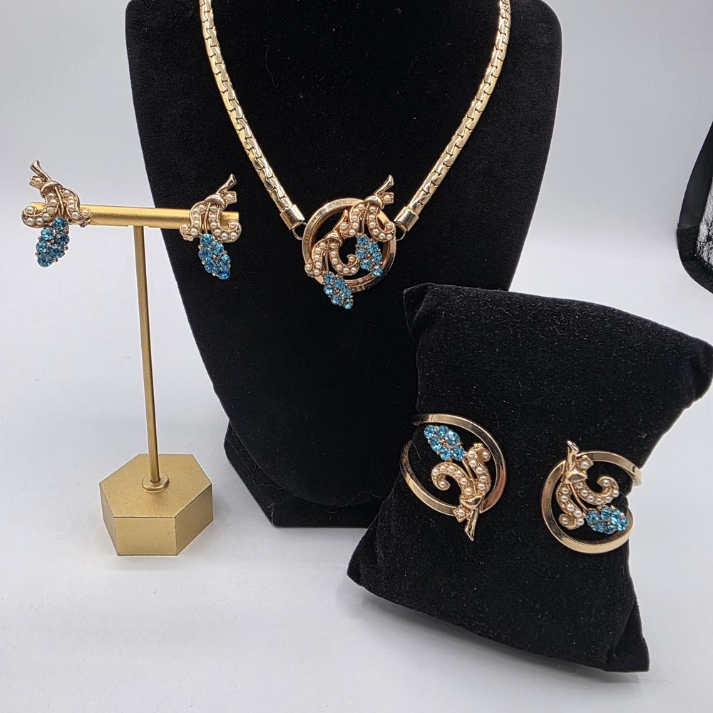 Vintage Oleg Cassini Necklace Cuff Bracelet, Earrings, Necklace Coordinating Set